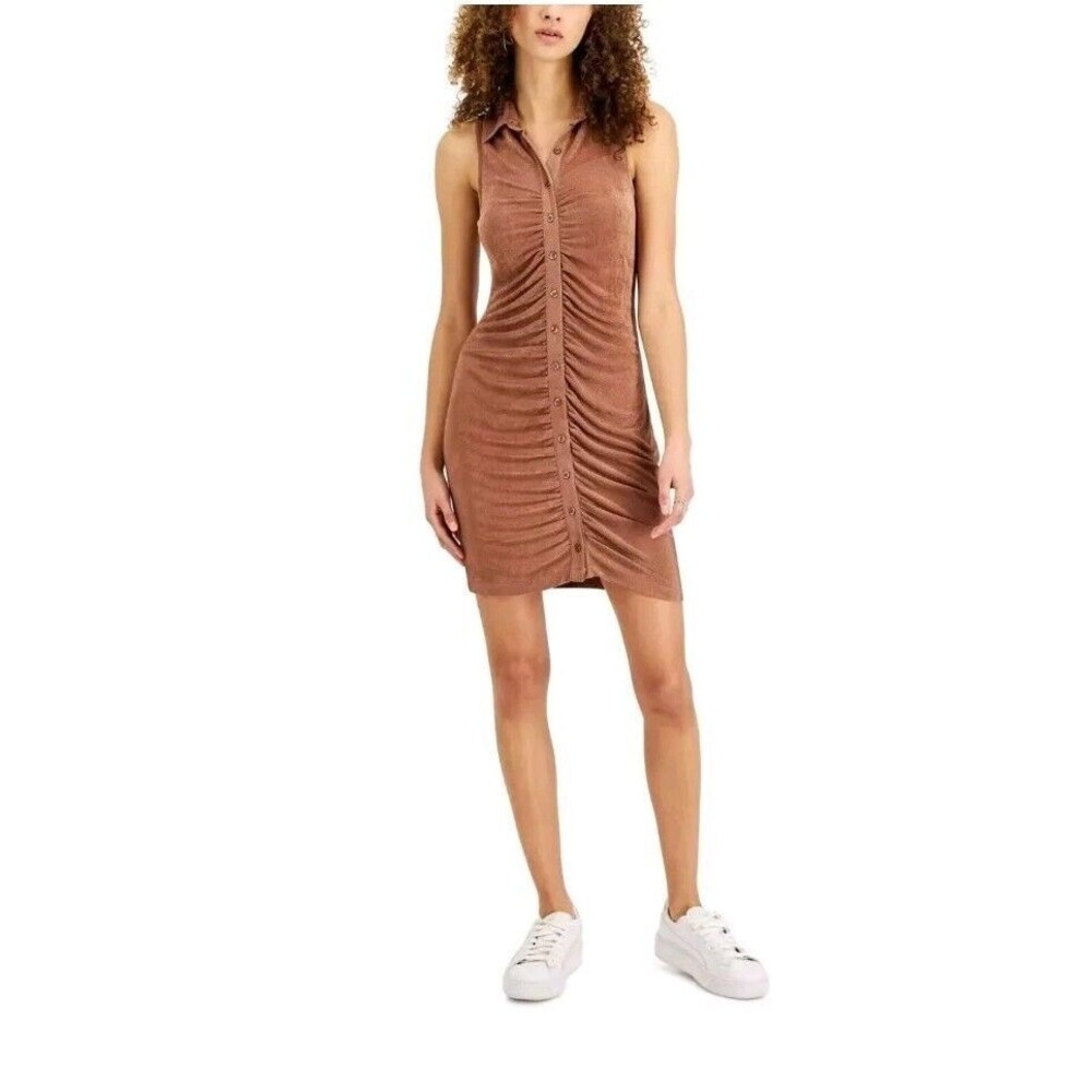 JUST POLLY Ruched Slinky Button Up Collared Dress Cocoa Brown M